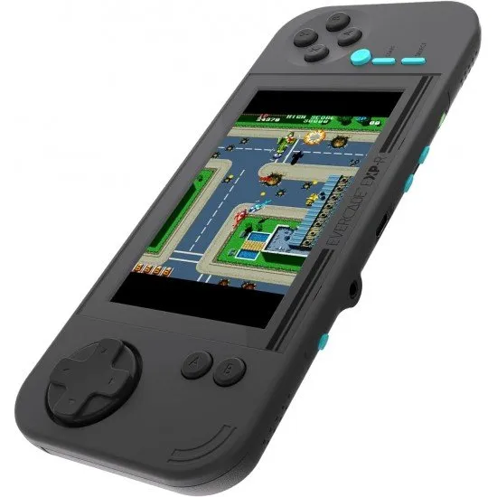Evercade EXP-R handheld retro gaming console in charcoal grey and turquoise with Tomb Raider Collection 1 cartridge
