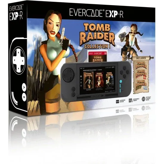Evercade EXP-R handheld retro gaming console in charcoal grey and turquoise with Tomb Raider Collection 1 cartridge