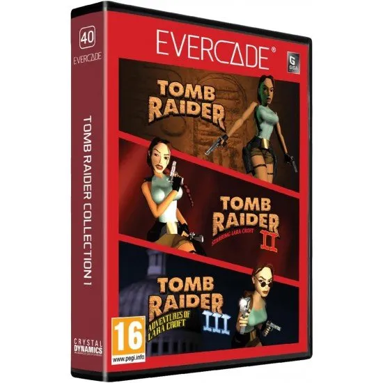 Evercade EXP-R handheld retro gaming console in charcoal grey and turquoise with Tomb Raider Collection 1 cartridge