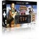 Evercade EXP-R handheld retro gaming console in charcoal grey and turquoise with Tomb Raider Collection 1 cartridge