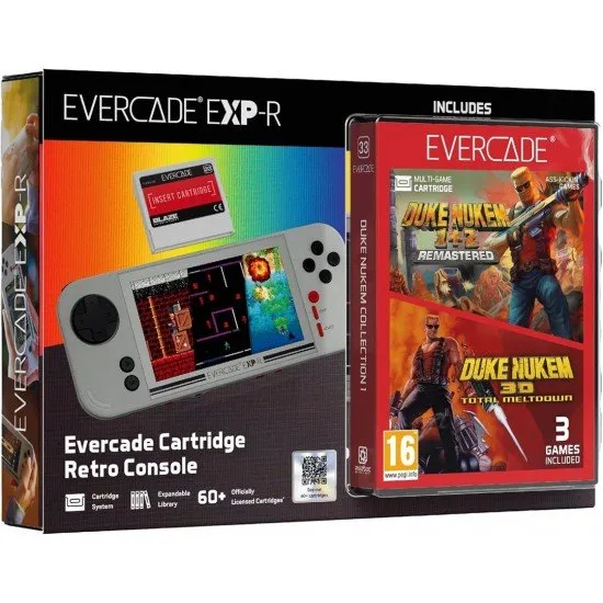 The Evercade EXP-R handheld console with its retro-inspired color scheme, shown alongside the Duke Nukem Collection 1 cartridge.