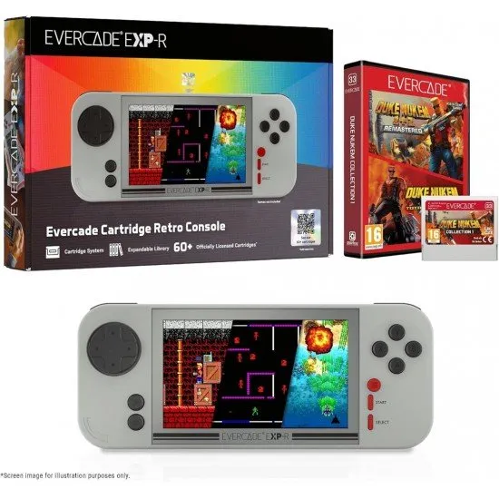 The Evercade EXP-R handheld console with its retro-inspired color scheme, shown alongside the Duke Nukem Collection 1 cartridge.