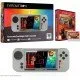 The Evercade EXP-R handheld console with its retro-inspired color scheme, shown alongside the Duke Nukem Collection 1 cartridge.