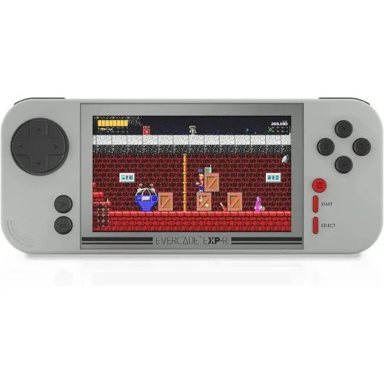 The Evercade EXP-R handheld console with its retro-inspired color scheme, shown alongside the Duke Nukem Collection 1 cartridge.