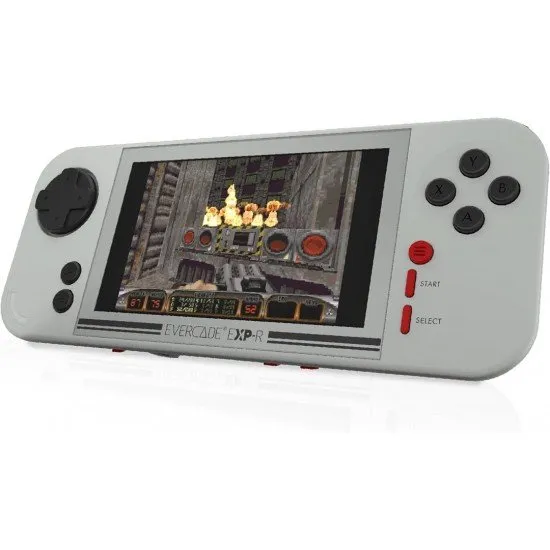 The Evercade EXP-R handheld console with its retro-inspired color scheme, shown alongside the Duke Nukem Collection 1 cartridge.