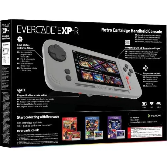 Evercade EXP-R Console with Taito Arcade 1 The Evercade EXP-R handheld console with its retro-inspired color scheme, shown alongside the Taito Arcade 1 cartridge.