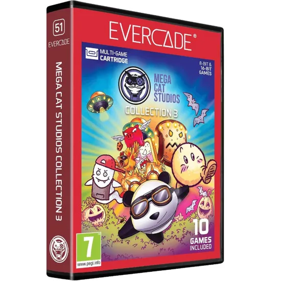 An Evercade cartridge box featuring vibrant artwork from Kudzu, The Meating, and Rocket Panda in a collectable retro styled case