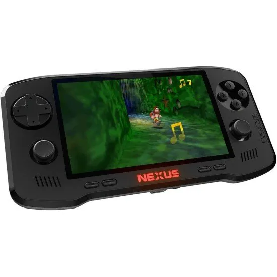 The Evercade Nexus handheld console showing the RGB logo and dual analogue sticks alongside the Banjo-Kazooie cartridge