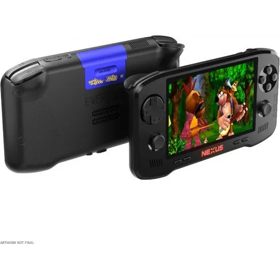 The Evercade Nexus handheld console showing the RGB logo and dual analogue sticks alongside the Banjo-Kazooie cartridge