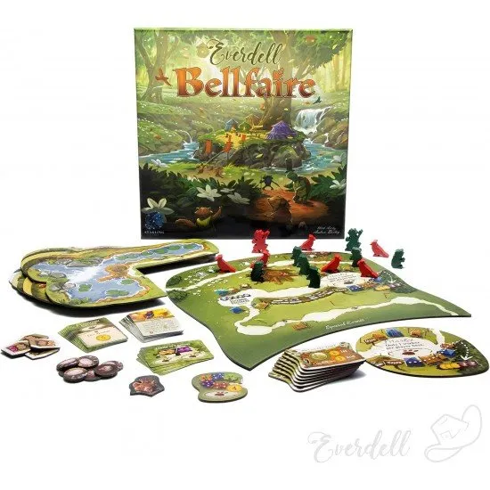 Everdell Bellfaire expansion box showing festive celebration theme with components for 5-6 players