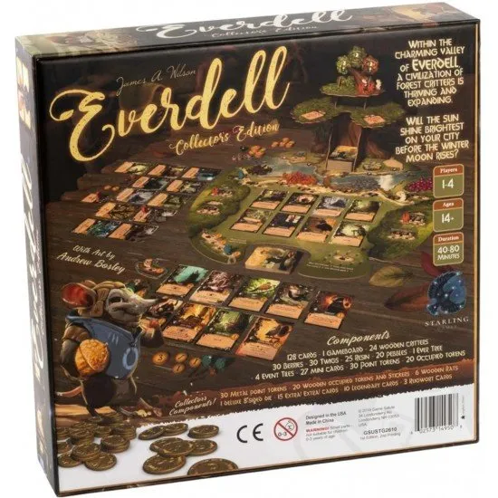 Everdell Collector's Edition 3rd Edition board game components showing the 3D Ever Tree, metal tokens, and beautifully illustrated critter and building cards