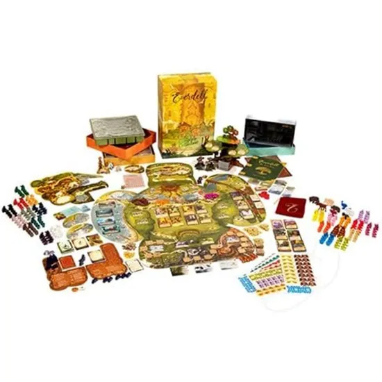 A massive, beautifully illustrated fantasy board game box showing an overview of a bustling forest city under a gigantic oak tree populated by cute anthropomorphic woodland critters