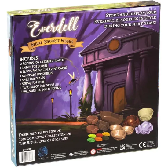 Everdell Deluxe Resource Vessels stored inside The Complete Collection box showing seamless fit with base game components