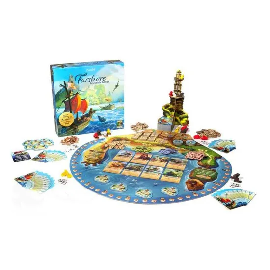 A fantasy board game box showing an overview of a bustling lighthouse port populated by coastal critters and sailing ships on a glittering blue ocean