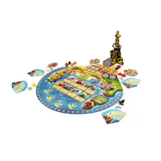 A fantasy board game box showing an overview of a bustling lighthouse port populated by coastal critters and sailing ships on a glittering blue ocean