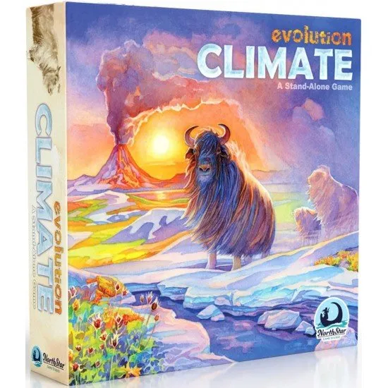 Evolution: Climate game box cover showing diverse animal species adapting to different environments, from snowy peaks to deserts