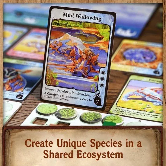 Evolution: Climate game box cover showing diverse animal species adapting to different environments, from snowy peaks to deserts