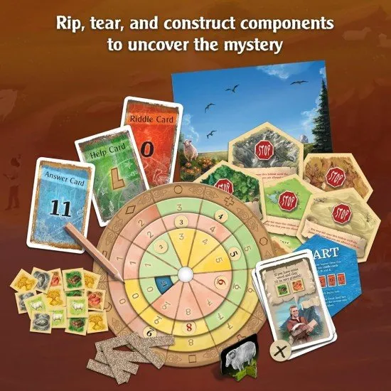 EXIT Adventures on Catan KOSMOS Escape Room Game Catan EXIT Adventures on Catan box art showing the hexagonal island of Catan with mysterious elements and puzzle symbols