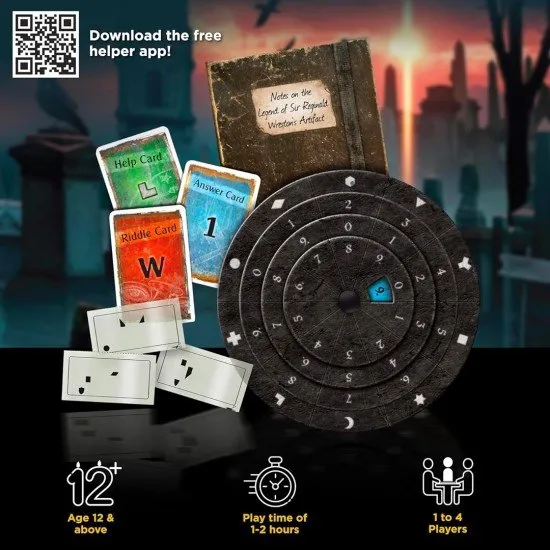 The box art for the board game EXIT: The Cemetery of the Knight, showing a group of people at the entrance of a mysterious cemetery.