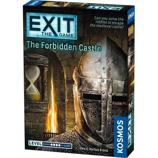 EXIT The Forbidden Castle KOSMOS Escape Room Game Beginner EXIT The Forbidden Castle box art showing an old, mysterious castle with a closed wooden gate and puzzle symbols