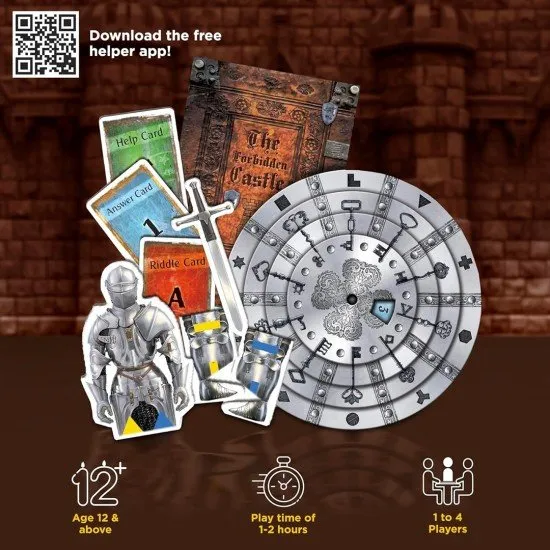 EXIT The Forbidden Castle KOSMOS Escape Room Game Beginner EXIT The Forbidden Castle box art showing an old, mysterious castle with a closed wooden gate and puzzle symbols