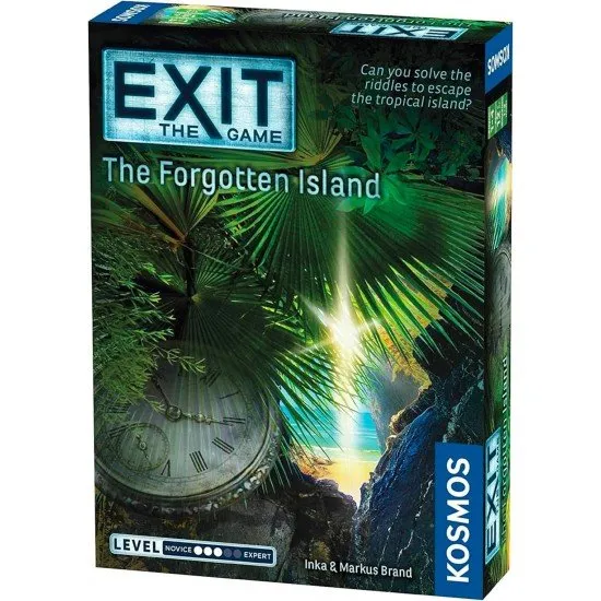 EXIT The Forgotten Island KOSMOS Escape Room Game EXIT The Forgotten Island box art showing a tropical island with ancient ruins and a mysterious, obscured figure