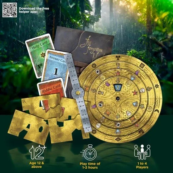 EXIT The Forgotten Island KOSMOS Escape Room Game EXIT The Forgotten Island box art showing a tropical island with ancient ruins and a mysterious, obscured figure