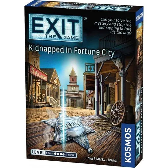 EXIT Kidnapped in Fortune City KOSMOS Escape Room Game Wild West EXIT Kidnapped in Fortune City box art showing a Wild West saloon or dusty street scene with puzzle symbols and a sheriff badge
