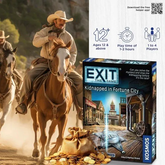 EXIT Kidnapped in Fortune City KOSMOS Escape Room Game Wild West EXIT Kidnapped in Fortune City box art showing a Wild West saloon or dusty street scene with puzzle symbols and a sheriff badge