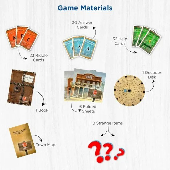 EXIT Kidnapped in Fortune City KOSMOS Escape Room Game Wild West EXIT Kidnapped in Fortune City box art showing a Wild West saloon or dusty street scene with puzzle symbols and a sheriff badge