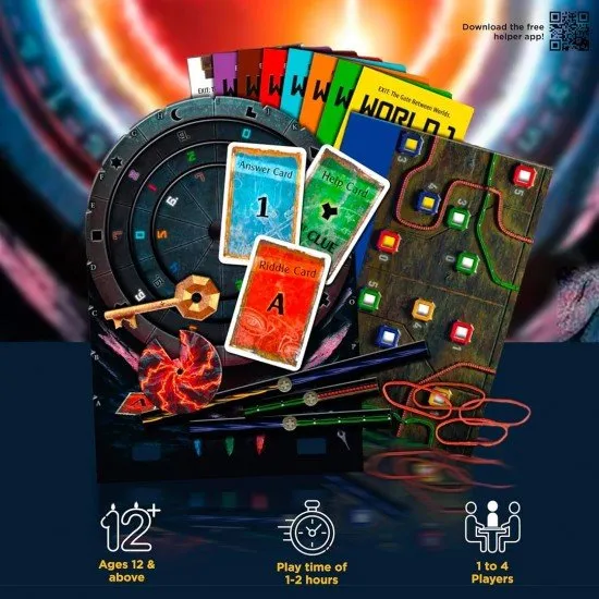 EXIT The Gate Between Worlds The box art for the EXIT: The Gate Between Worlds board game, showing players standing before a mysterious glowing portal.