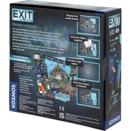 An EXIT game box featuring a visually striking 500-piece jigsaw puzzle depicting an ancient underwater city