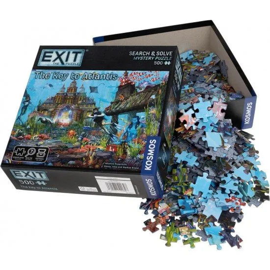 An EXIT game box featuring a visually striking 500-piece jigsaw puzzle depicting an ancient underwater city