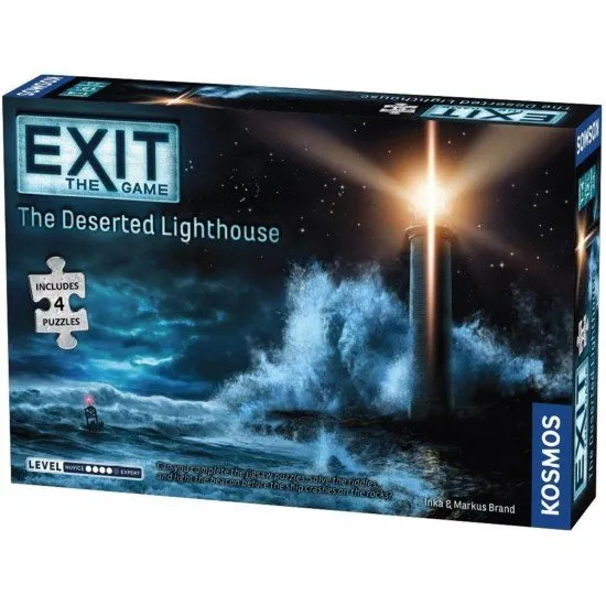 EXIT The Deserted Lighthouse KOSMOS Escape Room & Jigsaw Puzzle EXIT The Deserted Lighthouse box art showing a solitary lighthouse overlooking a stormy sea with jigsaw puzzle pieces and puzzle symbols