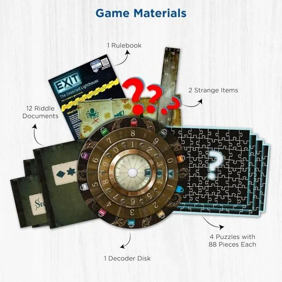 EXIT The Deserted Lighthouse KOSMOS Escape Room & Jigsaw Puzzle EXIT The Deserted Lighthouse box art showing a solitary lighthouse overlooking a stormy sea with jigsaw puzzle pieces and puzzle symbols