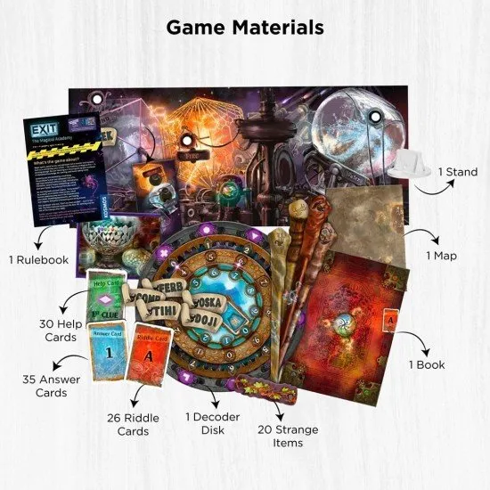 EXIT The Magical Academy KOSMOS Escape Room Game Easy EXIT The Magical Academy box art showing a mysterious, old academy building with magical effects and puzzle symbols