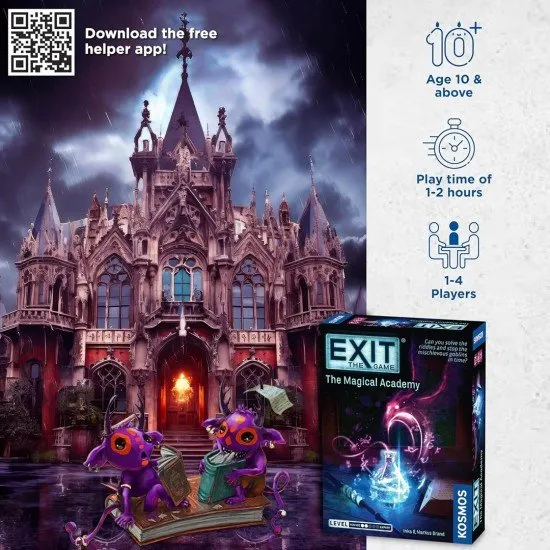 EXIT The Magical Academy KOSMOS Escape Room Game Easy EXIT The Magical Academy box art showing a mysterious, old academy building with magical effects and puzzle symbols