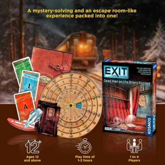 EXIT Dead Man on the Orient Express KOSMOS Escape Room Game EXIT Dead Man on the Orient Express box art showing a luxurious train car with a mysterious shadow and puzzle symbols
