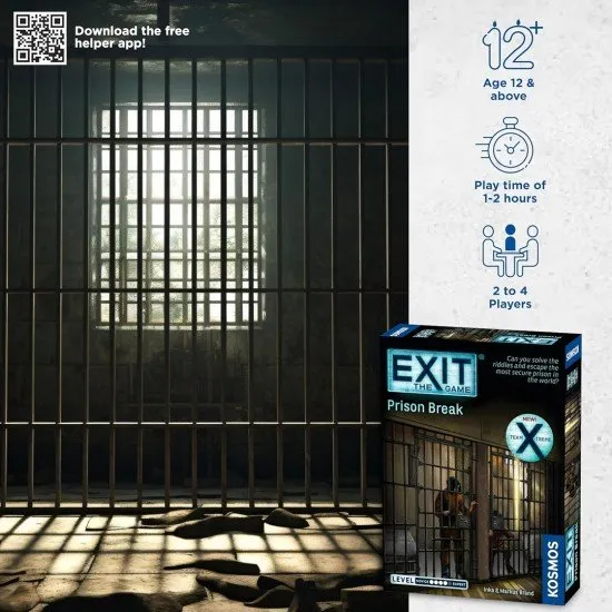 EXIT Prison Break KOSMOS Escape Room Game Difficult EXIT Prison Break box art showing prison bars, a guard tower, and cryptic puzzle symbols