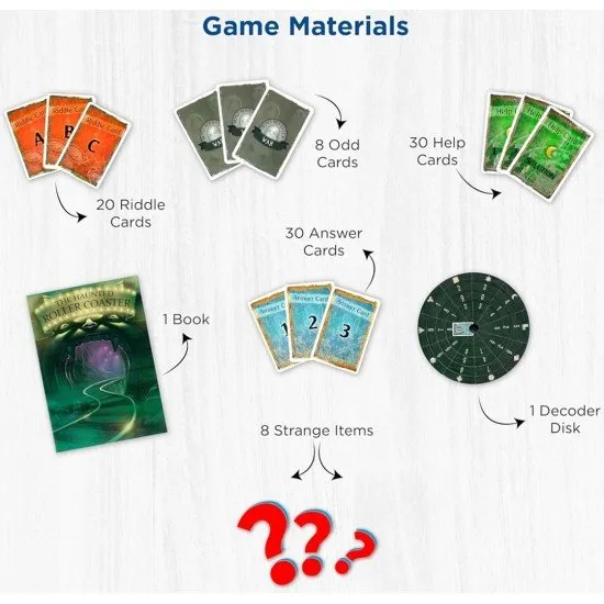 EXIT The Haunted Roller Coaster KOSMOS Escape Room Game EXIT The Haunted Roller Coaster box art showing a spooky roller coaster track and a skull with various puzzle symbols