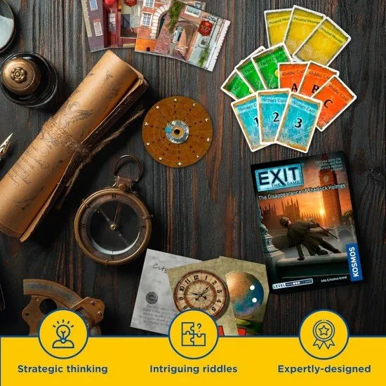 EXiT The Disappearance of Sherlock Holmes The box art for the EXiT: The Disappearance of Sherlock Holmes card game, showing a magnifying glass, a compass, and other Sherlock Holmes-themed clues on a vintage map.