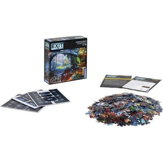 EXIT The Alchemist's Garden escape room card game box featuring abandoned villa and mysterious garden artwork