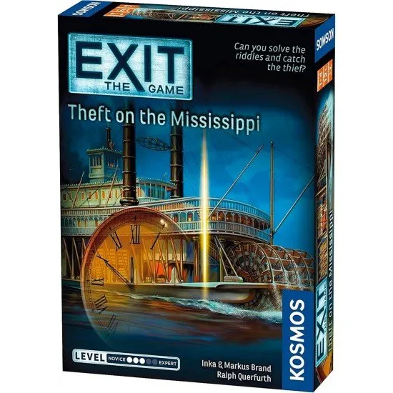 EXIT The Theft on the Mississippi box art featuring a paddle steamer on the river with various mystery components