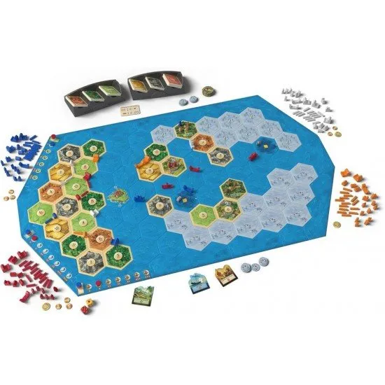 CATAN Explorers & Pirates 6th Edition box art showing ships, settlements on new islands, and perhaps a pirate ship on the sea tiles