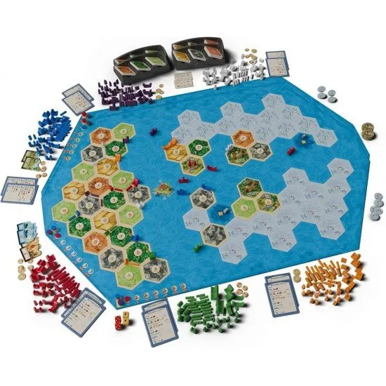 CATAN Explorers & Pirates 5-6 Player Expansion box art showing extra colored ships and game pieces for up to six players