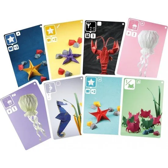 New origami-style cards including a purple jellyfish and a red lobster on a blue background