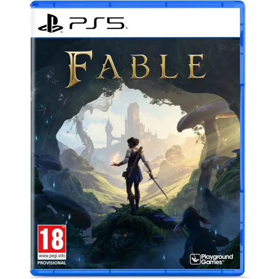 A PlayStation 5 video game case displaying a fantastical open-world landscape with a lone adventurer looking out over a rolling green valley towards a distant fairytale castle