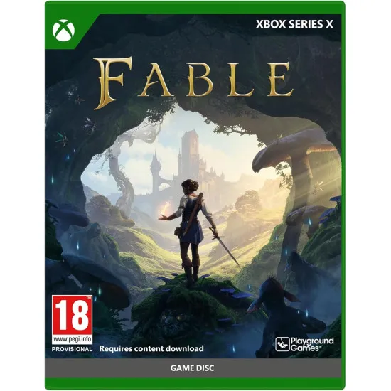 An Xbox Series X video game case showcasing a mystical forest path leading towards a sunlit village with a hero wielding a glowing sword