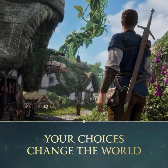 A PlayStation 5 video game case displaying a fantastical open-world landscape with a lone adventurer looking out over a rolling green valley towards a distant fairytale castle