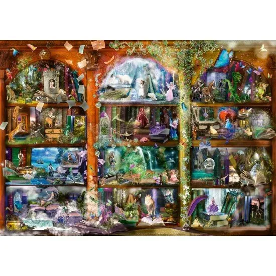 The box art for the Fairy Tale Magic 1000-piece jigsaw puzzle, showing a fantasy scene with princesses, dragons, and mermaids spilling out of an open book.